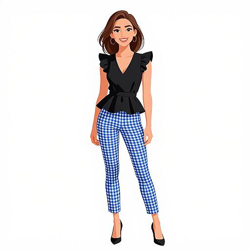 Chic Smiling Woman in Gingham Pants