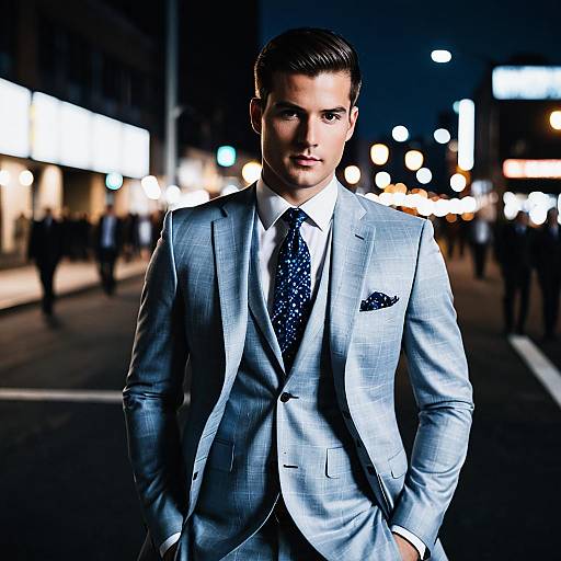 Stylish Man in Light Gray Suit on Urban Street at Night