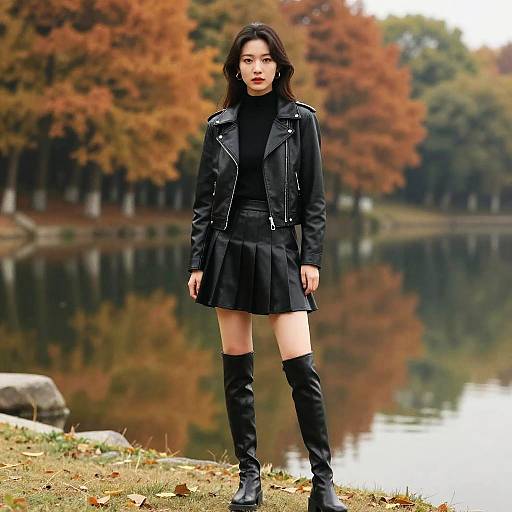 Photograph of an Asian woman with long black hair, wearing a black leather jacket, turtleneck, skirt, and knee-high boots, standing by