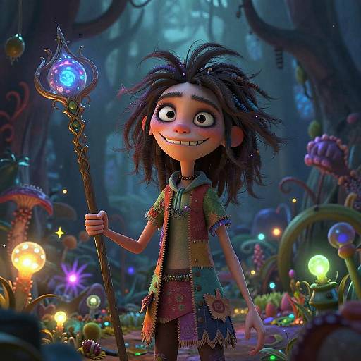 CGI image of a whimsical, dark-haired girl with wide eyes, wearing colorful patchwork clothes, holding a glowing staff in a vibrant, magical
