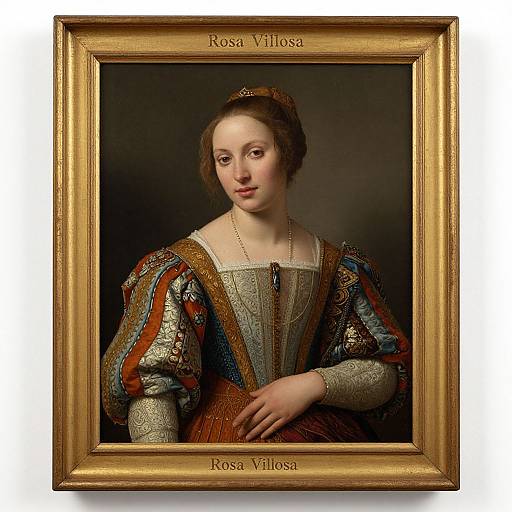 Renaissance portrait of Rosa Veneris, framed in gold. She wears an ornate, patterned dress with puffed sleeves and a jew