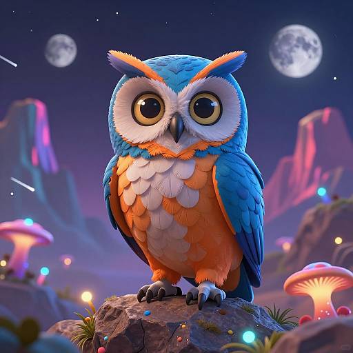 Whimsical Alien Owl in Vibrant Landscape