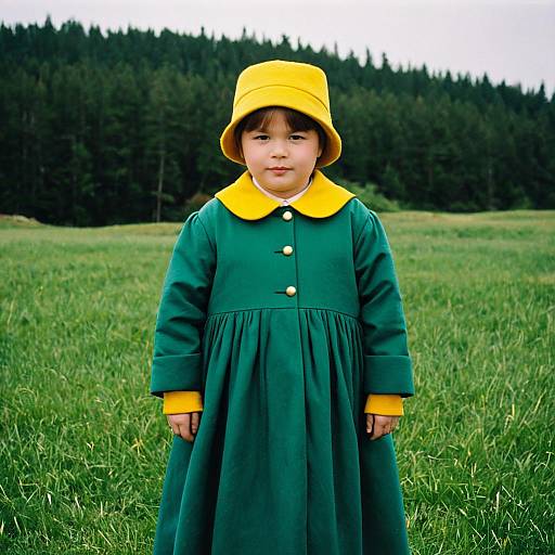 Child in Vintage Green Dress and Yellow Hat in Field
