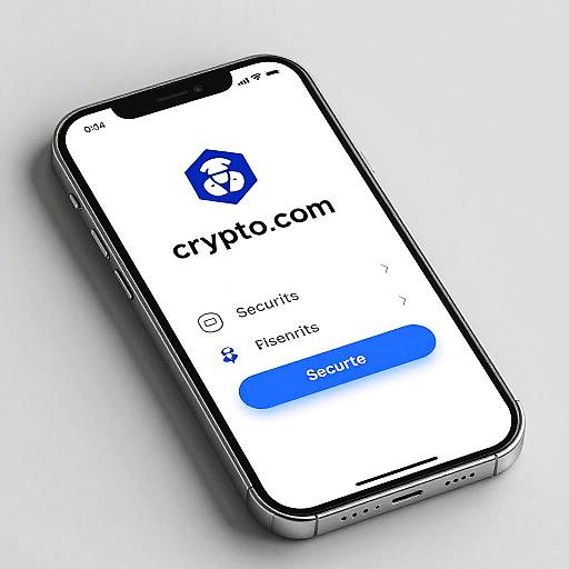 Photograph of a smartphone displaying the Crypto.com app screen with a blue hexagon logo, 