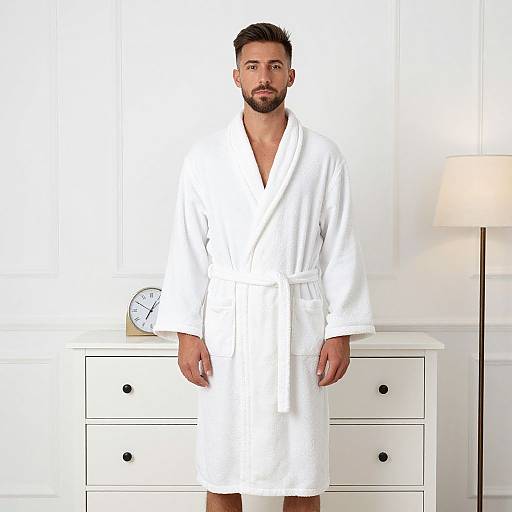 Photograph of a bearded man in a white bathrobe standing in a brightly lit, minimalist white room with a dresser and lamp.