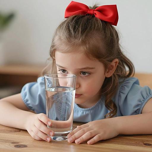 Young Girl with Red Bow Drinking Water