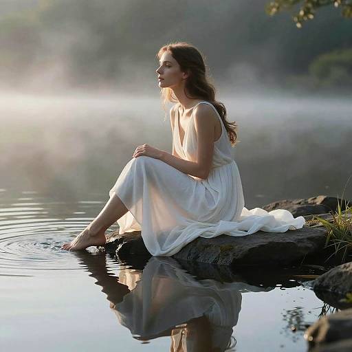 Photograph of a serene woman with long brown hair, wearing a flowing white dress, sitting on a rock by a misty lake, gazing at