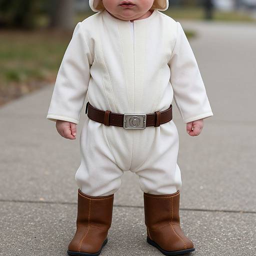 Photograph of a chubby infant in white medieval-style outfit with brown belt, buckle, and boots, standing on a sidewalk.