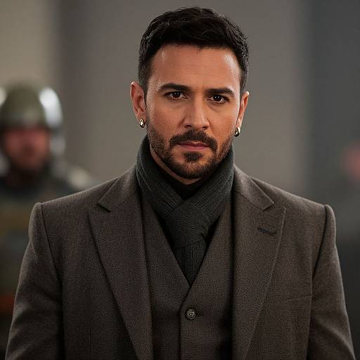 Photograph of a serious, bearded Middle Eastern man with dark hair, wearing a gray suit, black scarf, and earrings, against a blurred,