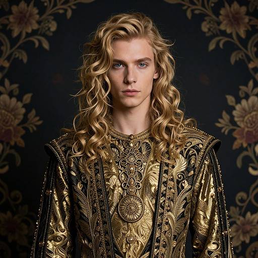 Photograph of a pale-skinned, blue-eyed man with long, wavy blonde hair, wearing an ornate, gold and black, Baroque