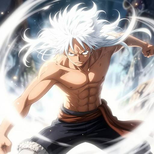 Anime-style digital illustration of a muscular, shirtless man with white, spiky hair, glowing aura, and intense expression, wearing dark pants.