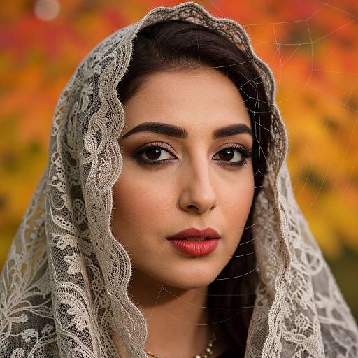 Close-up photograph of a beautiful South Asian woman with dark hair, wearing a lace headscarf, vivid orange and yellow autumn background, bold red lipstick