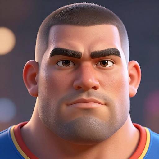 CGI close-up of a muscular, fair-skinned man with short black hair, thick eyebrows, brown eyes, and red collar on blue shirt,