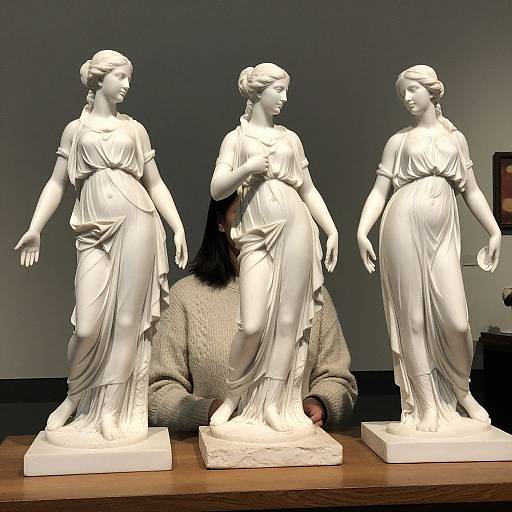 Photograph of three white marble classical-style statues of draped women standing on wooden bases, with a textured beige cloth behind them.