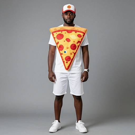 Photograph of a Black man in a white outfit, white sneakers, and red baseball cap, with a large, colorful pizza slice graphic on his chest