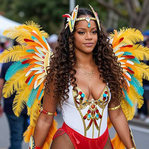 Photograph of a curvy Black woman with long curly hair, wearing a vibrant Native American-inspired costume with yellow and blue feather wings, red high-w