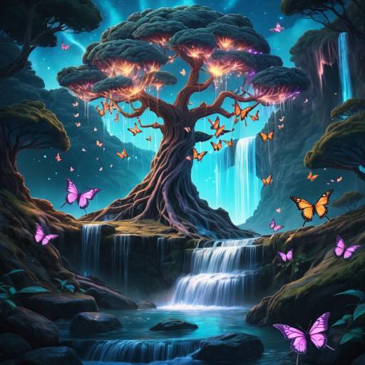 Surreal Ancient Tree with Luminous Butterflies