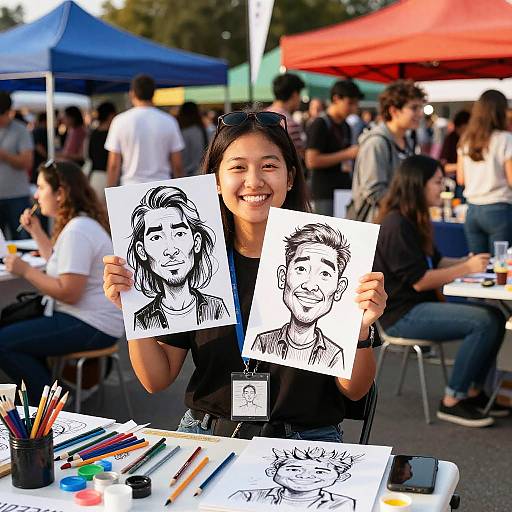 Asian woman smiling, holding two black-and-white portrait drawings, seated at outdoor art table with colorful supplies, under red and blue tents.