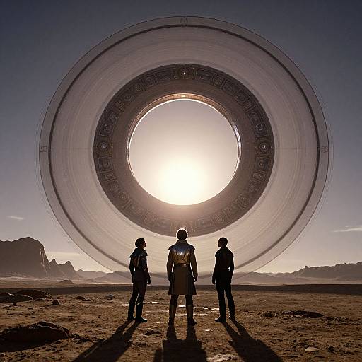Silhouetted trio stands before massive circular portal against bright sun in desert landscape, with distant mountains and clear sky. Photorealistic CGI.