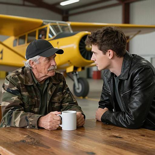 Intense Conversation in a Hangar Setting