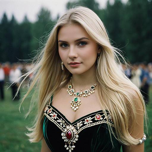 Blonde Woman in Russian Fancy Dress Outdoors