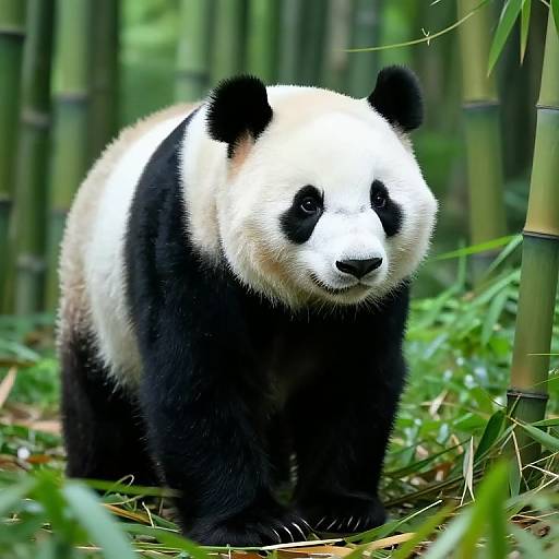 Photograph of a black and white giant panda standing in a bamboo forest, looking directly at the camera with a calm expression.
