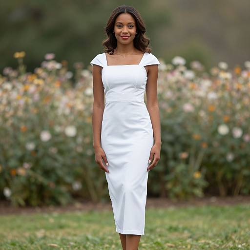 Photograph of a smiling Black woman with dark curly hair, wearing a fitted white short-sleeve dress, standing in a blooming garden.