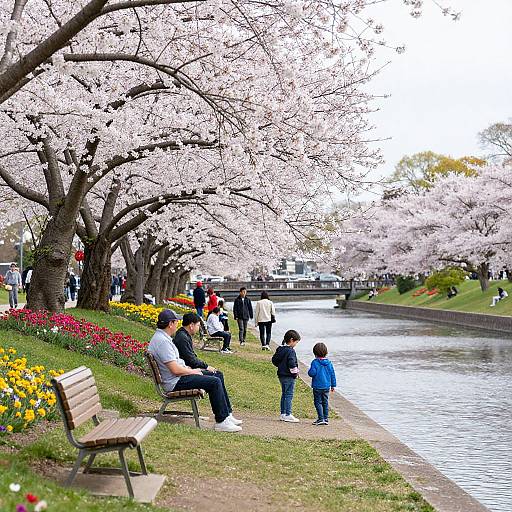 Photograph of a spring day in a park with cherry blossom trees, a river, a man on a bench, and two children near the water.