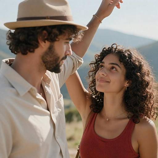 Photograph of a curly-haired woman in a red tank top smiling at a bearded man in a beige hat and shirt, raising his arm outdoors with