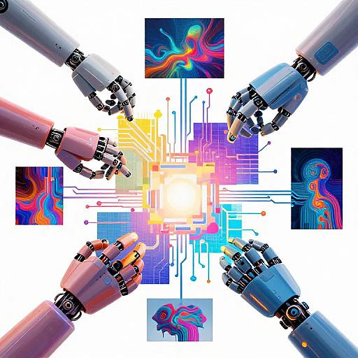 Digital artwork of six robotic hands surrounding a vibrant, neon-lit central cross, featuring abstract, colorful squares and intricate circuit patterns.