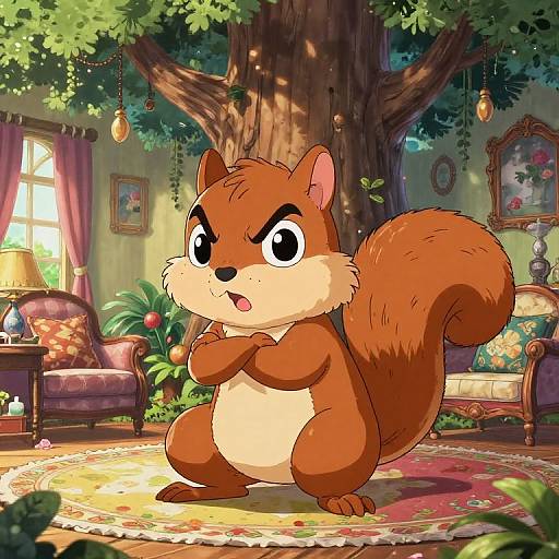 Cartoon squirrel with angry expression, standing on ornate rug in cozy, sunlit living room with vintage furniture, large tree, and colorful decorations.