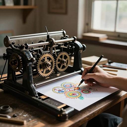 Photograph of a hand drawing colorful, intricate patterns on white paper using a vintage sewing machine as a drawing tool. Sunlit window in background.