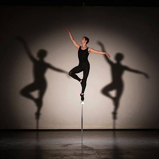 Photograph of a male dancer in black leotard and tights, mid-jump on a pole, with three shadow dancers in the background.