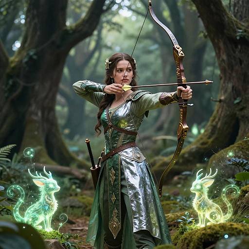 Ethereal forest scene: A dark-haired, green-eyed woman in medieval armor draws a glowing, ornate bow, surrounded by mystical green fire spirits