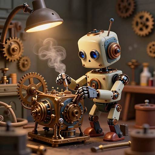 Whimsical Miniature Steampunk Robot Mechanic