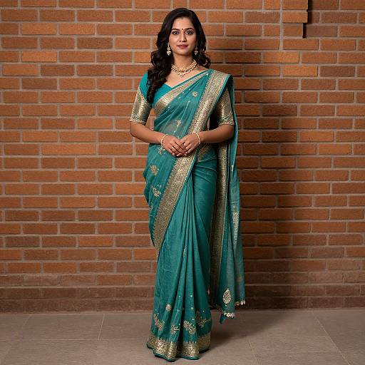 Photograph of a beautiful Indian woman with long dark hair, wearing a teal silk saree with gold border, standing against a brick wall.