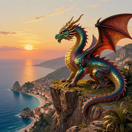 Digital artwork of a vibrant, multi-colored dragon with red-orange wings standing on a cliff at sunset over a coastal town.