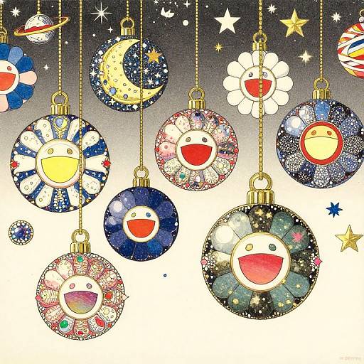 Colorful, whimsical illustration of round, hanging Christmas ornaments featuring cheerful, faceless characters with red mouths, adorned with stars, moons, and planets
