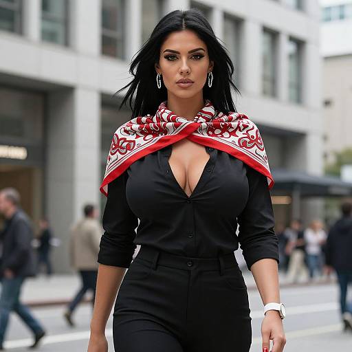Photograph of a confident, curvy woman with dark hair, large breasts, wearing a black outfit and red-patterned scarf, walking city street.