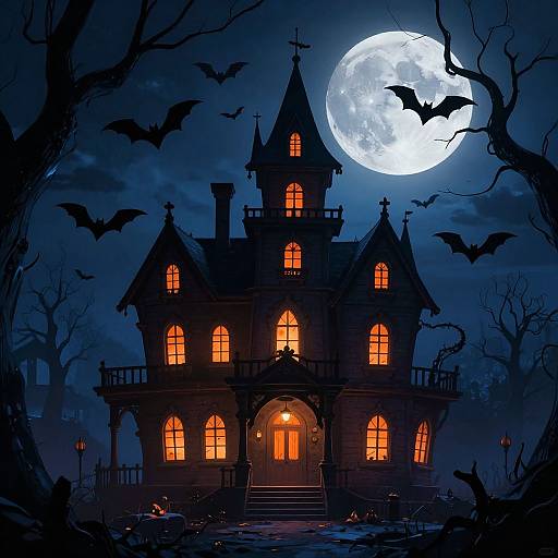 Halloween night illustration: Gothic house with glowing orange windows, full moon, bats flying, leafless trees, spooky shadows, eerie blue sky.