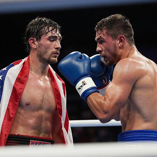 Intense Boxing Duel Under Dramatic Lights