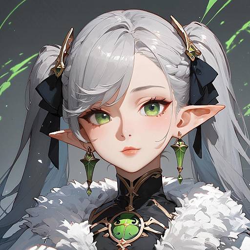 Fantasy Elf Girl with Grey Hair and Green Eyes