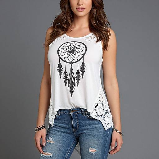 Photograph of a woman with long brown hair wearing a white dreamcatcher tank top and ripped blue jeans, standing against a gray background.