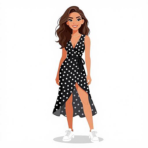 Digital illustration of a smiling woman with long brown hair in a black polka dot dress with a high slit, standing on white background, wearing white sneakers