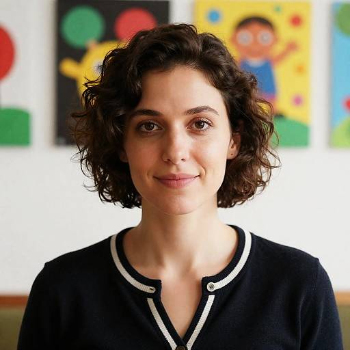 Smiling Woman with Colorful Artwork Background