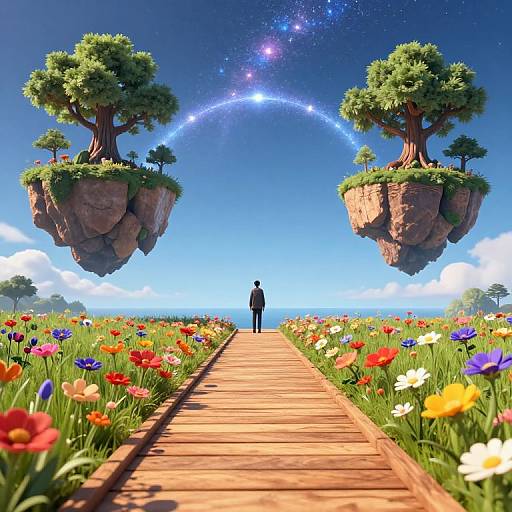 Digital art: Silhouette stands on wooden path, surrounded by vibrant flowers, leading to floating trees under a starry galaxy sky.
