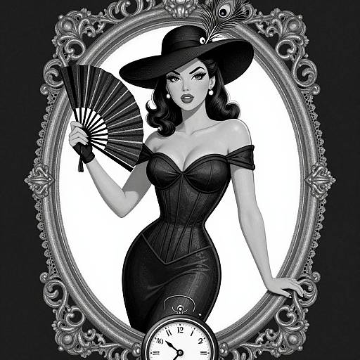 Digital drawing of a curvy woman in a black, off-shoulder corset and wide-brimmed hat, holding a fan, framed by