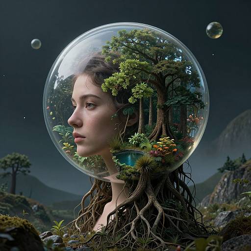 Digital artwork of a woman with curly brown hair, wearing a transparent bubble helmet filled with greenery, set in a dark, moonlit forest. B