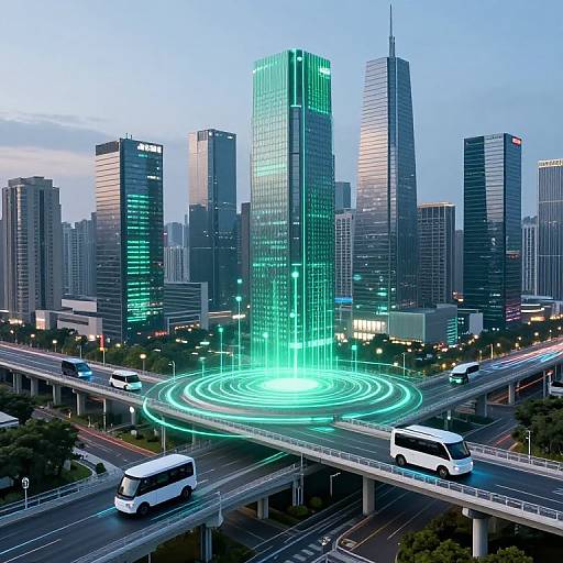 Photograph of a futuristic cityscape with glowing green holographic ring on a highway, surrounded by tall, illuminated skyscrapers at dusk.