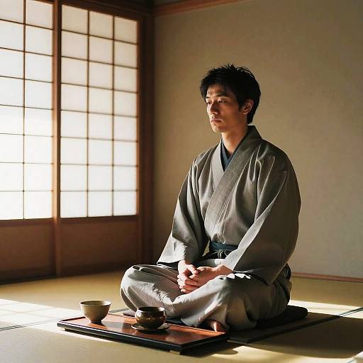Photograph of a young Asian man with short black hair, sitting cross-legged in a traditional Japanese room, wearing a grey kimono, illuminated by sunlight